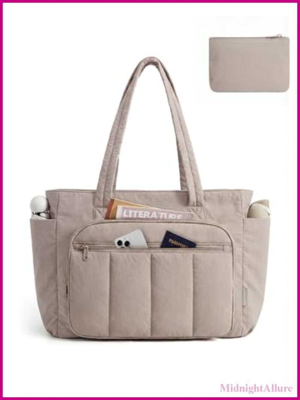 Quilted Nylon Tote Bag Set with Zipper & Pouch